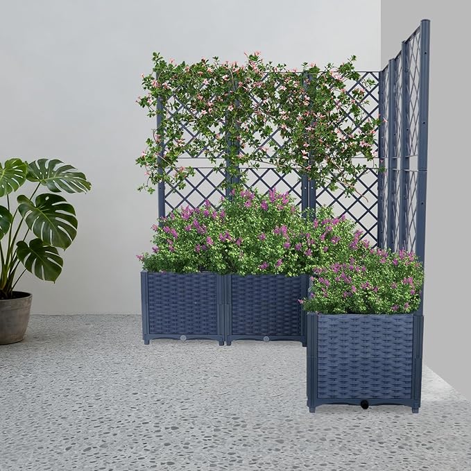 Large Raised Garden Bed with Diamond Trellis 5-Compartment Vertical Planter Box | for Climbing Vegetables &amp Flowers in Patio Balcony Outdoor (Blue)