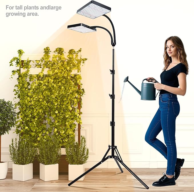 2Head Grow Light with Stand 50 Watt Grow Lights for Indoor Plants Natural Sunlight Full Spectrum Plant Growing Lamps for Tall Houseplants &amp Bonsai Tree 4/8/12/16/20H 5-Mode Timer