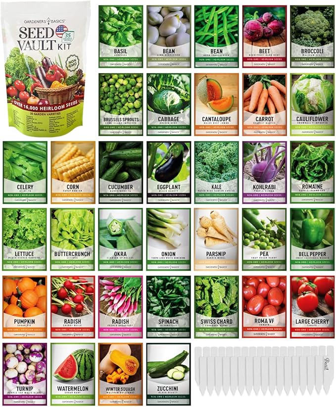 Gardeners Basics Survival Vegetable Seeds Garden Kit Over 16000 Seeds Non-GMO and Heirloom Great for Emergency Bugout Survival Gear 35 Varieties Seeds for Planting Vegetables 35 Free Plant Markers
