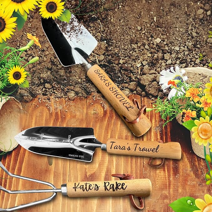 Personalized Garden Tool Set 3-Piece Stainless Steel Kit with Wooden Handles Hand Trowel Rake &amp Shovel for Planting and Weeding for Weeding Planting Transplant Ideal Garden Gift for Women&amp