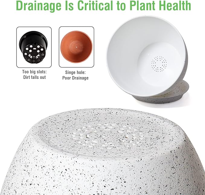 WOUSIWER Plant Pots 10/9/8 inch Set of 3 Modern Decorative Plastic Planters with Drainage Holes and Saucers for House Plants Indoor Flowers Plants White Speckles