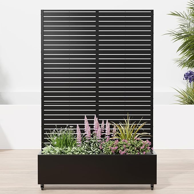 Casaphoria Raised Garden Bed Metal Planter Box with Trellis 72x47x16 for Outdoor Climbing Plants Flowers Vegetables and Vines Privacy Screen with Wheels and Drainage Holes(Black Louvered02)