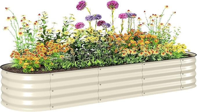 Outsunny 6.5' x 2' x 1' Galvanized Raised Garden Bed Kit Outdoor Metal Elevated Planter Box with Safety Edging Easy DIY Stock Tank for Growing Flowers Herbs &amp Vegetables Cream
