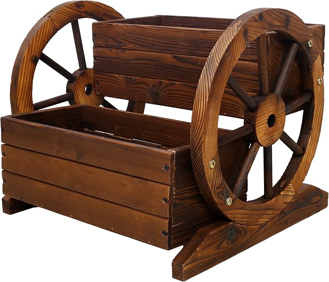 2-Tier Wooden Wagon Planter Box Raised Garden Bed for Outdoor Durable Planter Boxes Outdoor Raised Flower Bed for Flowers Vegetables and Herbs Easy Assembly Ideal for Gardens and Patios (Brown)