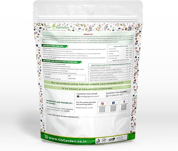 Go Garden Potassium Nitrate KNO3 NPK 13-0-45 Fertilizer | 100% Water Soluble Crystalline Powder | Multi-Purpose for Indoor &amp Outdoor Plants | Enhances Growth &amp Resistance | 900 G