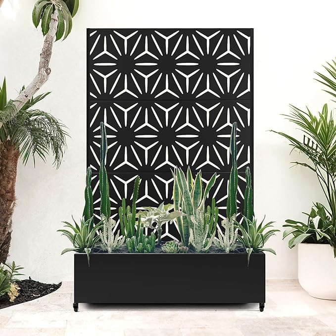Metal Planter Box with Trellis &amp Privacy Screen for Patio Large Raised Garden Beds with Drainage Holes &amp Wheels 47 L×16 W×71 H Standing Flower Beds with Trellis (Black Star)