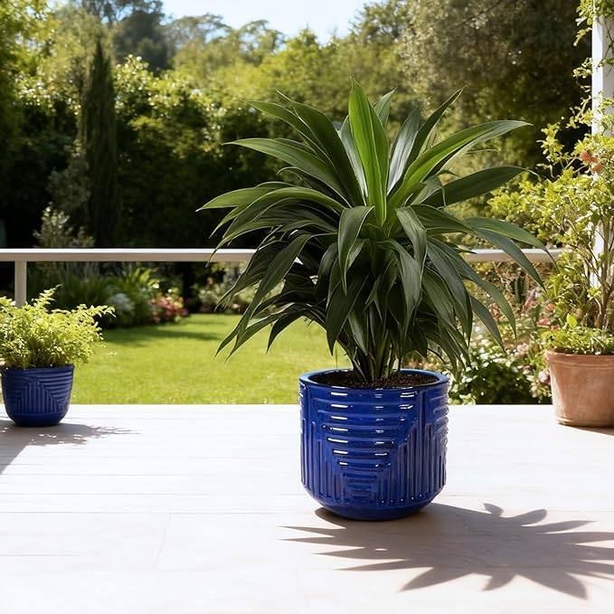 16 Dia Round for Indoor Plants Large Outdoor with Drainage Holes Ceramic Plant Pots Indoor Outdoor for Home Garden Patio Dark Blue