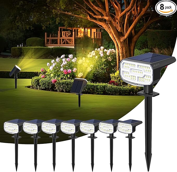 Solar Lights Outdoor Waterproof IP65Auto On/Off 2700K 2 Lighting Modes Super Bright LED Solar Powered Yard Garden Solar Spot Lights for Outside Landscape -8 Pack