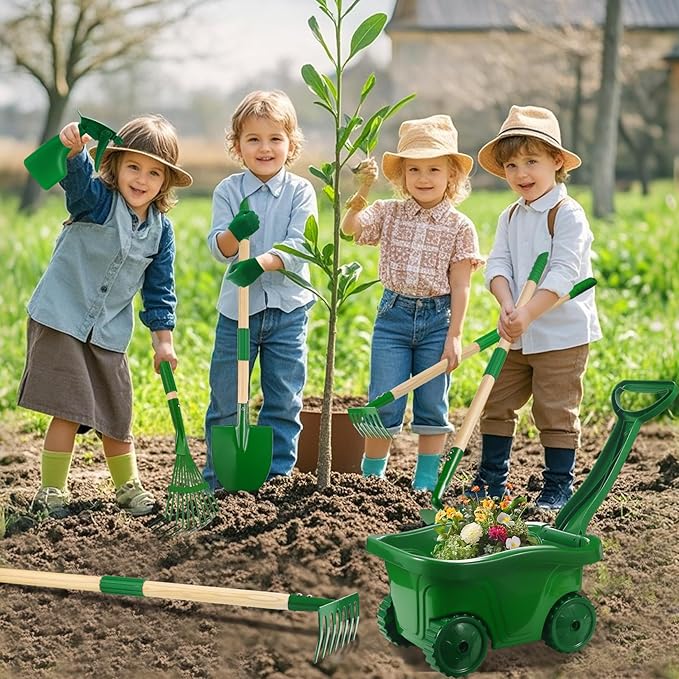 Duckura Kids Gardening Tools Set - 7pcs Wheelbarrow Set for Kids with Shovel Rake Leaf Rake Summer Outdoor Yard Digging Weed Birthday Gifts Toys Easter for Boys Girls Age 2 3+ Years(Green)