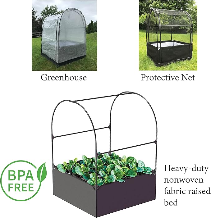 SIMPO 3-in-1 Garden System: Fabric Raised Garden Bed + Greenhouse Cover + Protective Net (44” x 44” x 61”)