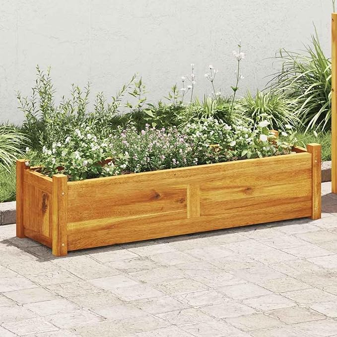 Acacia Wood Raised Planter Bed Durable Garden Box Brown Natural Finish Outdoor Plant Growing Container