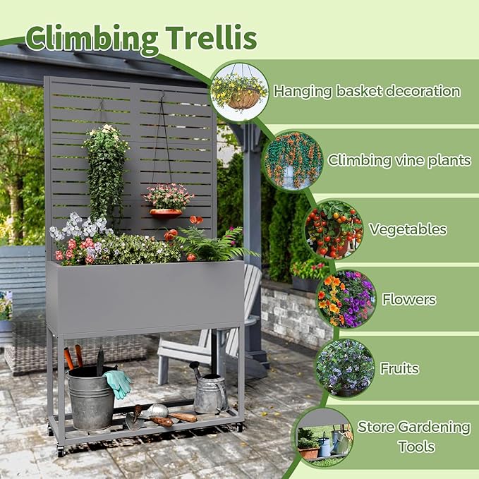 Metal Planter Box with Trellis67 H x35 W Raised Garden Beds with Privacy Screen for Climbing Plants Flower Elevated Standing Planter Garden Bed with Drainage Holes for Outdoor PatioGrey