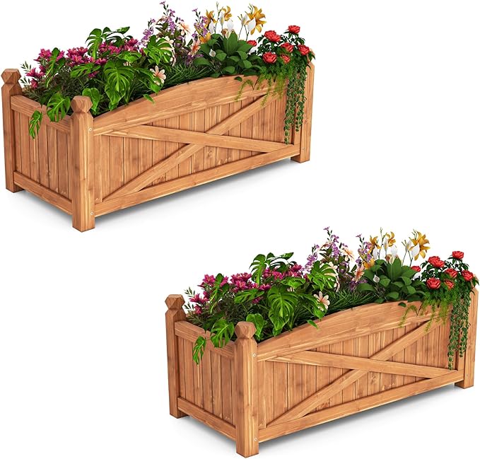 Raised Garden Bed Set of 2 36 L x 16W x 15H Wooden Garden Bed Outdoor w/Placed Drainage Holes &amp Removable Base Panels Rectangular Planter Box for Vegetables Flower Herb Fruit