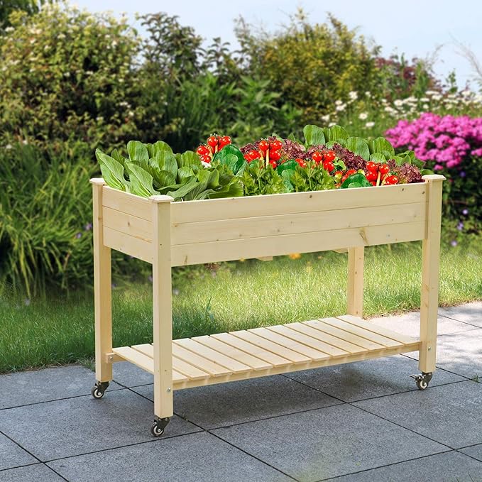 LYNSLIM Wooden Raised Garden Bed with Wheels &amp Shelf Elevated Planter Box for Flower Vegetable Grow Natural Cedar Wood Frame Gardening Planting BedEasy Assembly