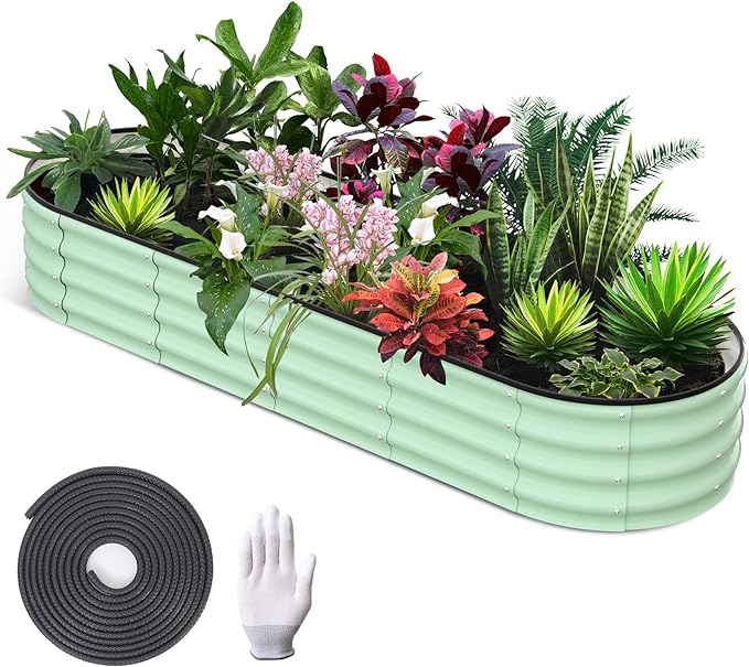 GarveeLife 8x2x1 ft Raised Garden BedGalvanized Raised BedGarden Boxes OutdoorOpen-Ended Base Galvanized PlanterPlanter Raised BoxesMetal Garden Box for Vegetables FlowersRubber EdgeGreen