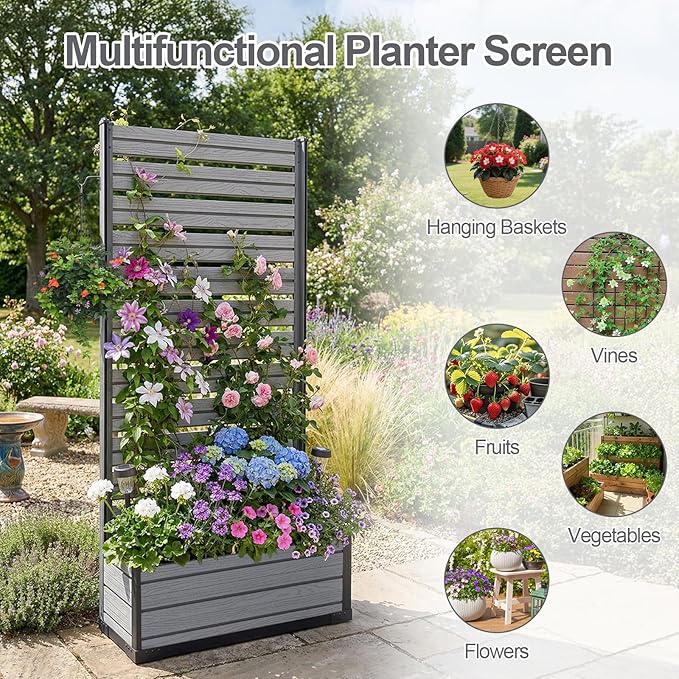 Aoodor Patio Privacy Screen with Planter Box for Climbing Plants Freestanding or Wall Mounted Flower Bed with Privacy Panels for Patio Balcony &amp Backyard 36''L x 14''W x 74''H