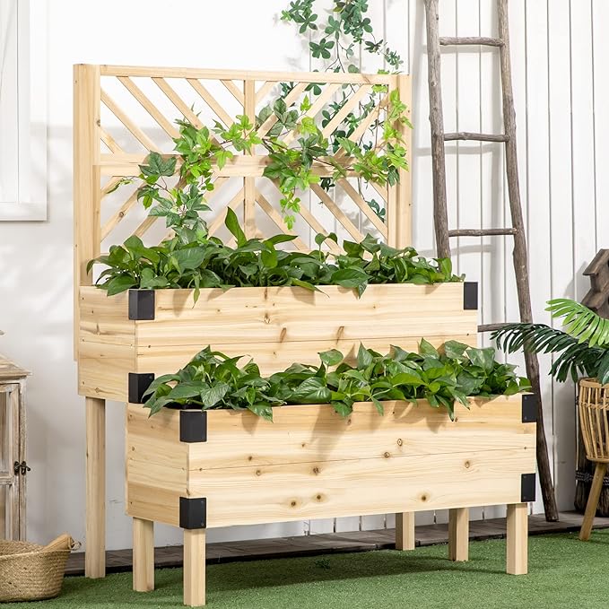 Raised Garden Bed with Trellis 2 Tier Wooden Elevated Planter Box with Legs and Metal Corners for Vegetables Flowers Herbs Natural