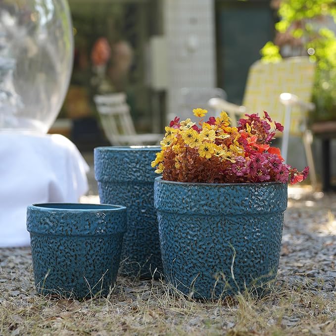 Handmade Ceramic Planter Set of 3 15129 Inch Diameter Blue Textured Pattern for Succulents Indoor Plants Windowsill Bookshelf Use Breathable Clay