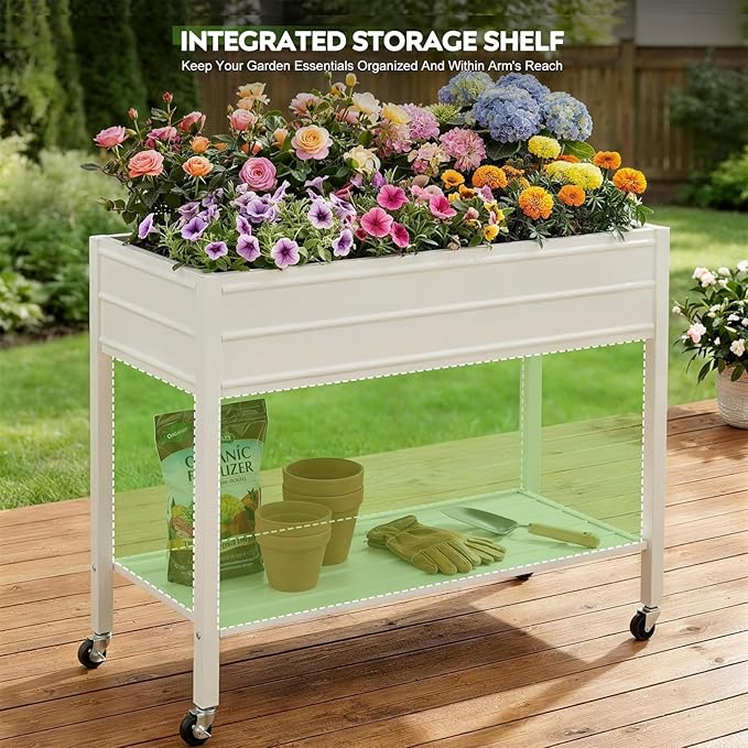 ZORMY 32 Tall Galvanized Raised Garden Bed with Legs Wheels &amp Shelf Elevated Planter Box Outdoor for Vegetables Herbs &amp Flowers Patio &amp Backyard Garden Bed with 400lb CapacityWhite