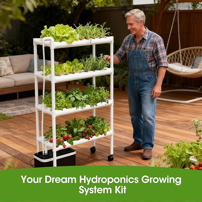 Hydroponics Growing System Kit with Wheels 108 Plant Sites Gardening Aquaponics Tower 4-Tier Food-Grade PVC-U Pipes Water Pump Timer for Leafy Vegetables Indoor Outdoor (34x62x15 in 108 Holes)