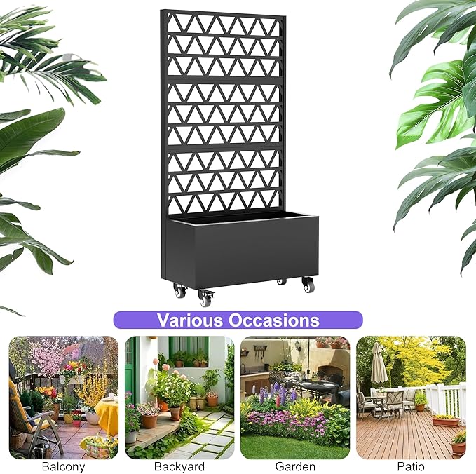 Metal Raise Garden Bed with Trellis Outdoor Indoor 73'' Tall Planter Box with Wheels Large Planter with Drainage Holes &amp Lockable Casters for Climbing Plants Vegetables Vines (Rectangle F)