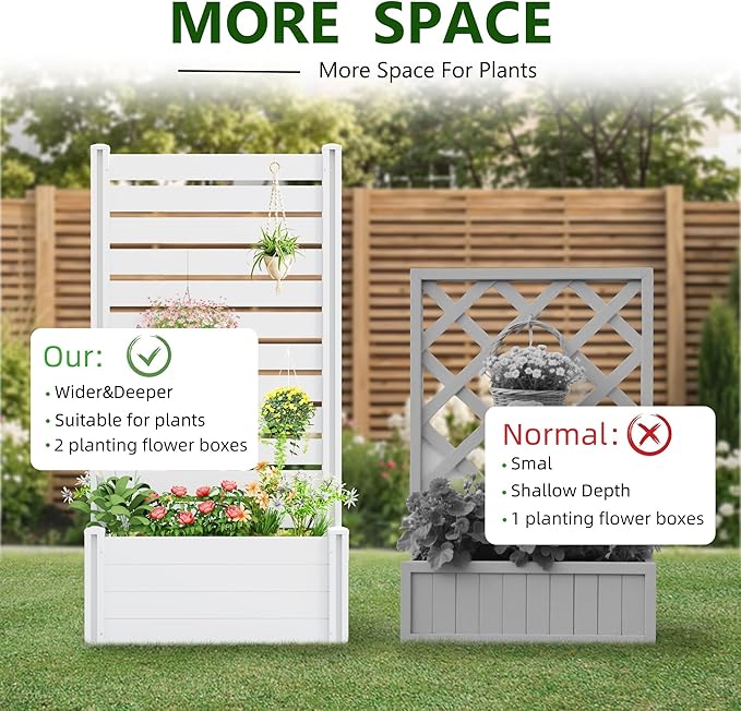 Casaphoria Raised Garden Bed with Trellis 73x37x18 Planter Box with Open Bottom for Gardening Vegetables &amp Vines and Climbing Plants White