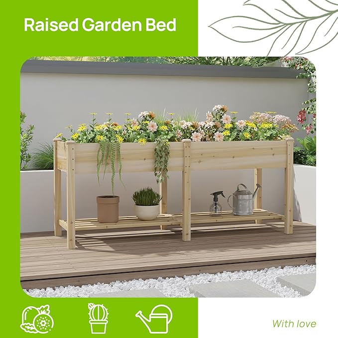 Raised Garden Bed with Legs Wooden Planter Box with Storage Shelf Elevated Wood Planter Box for Vegetables Flowers Herbs Garden Planter for Backyard Patio Balcony 72x24x30.7inch (Natural L)