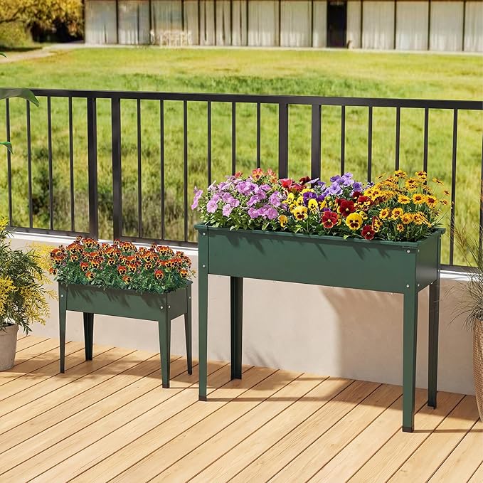 HAPPYGRILL Raised Garden Bed Metal Elevated Planter Box w/Legs Drainage Holes for Growing Vegetables Fruits Flowers Indoor Outdoor Standing Plant Container for Backyard Patio (Green 40”x16”x32”)