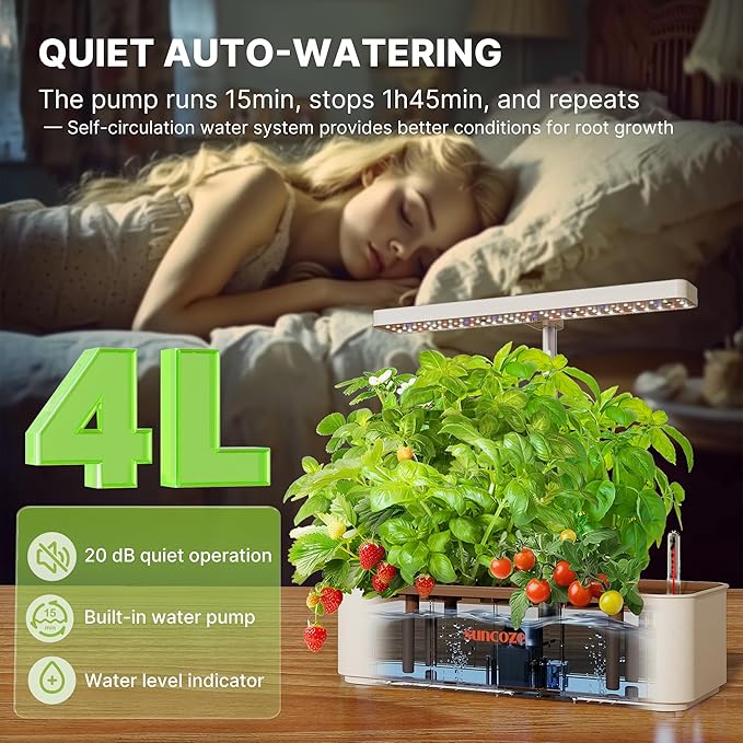 SUNCOZE Hydroponics Growing System Kit 12 Pods 24W LED Grow Light Indoor Garden 4L Water Tank with Quiet Pump Adjustable Height Herb Garden Planter Indoor Kit Gardening Gifts Beige