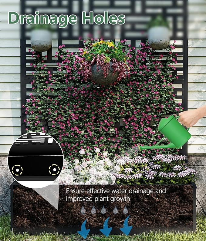 Metal Planter Box with Trellis70.9x47.2x15.7 Raised Garden Bed with Drainage Holes Privacy Planters for Outdoor Garden Bed for Climbing PlantsVegetablesand Vines2PCSBlack-Modular