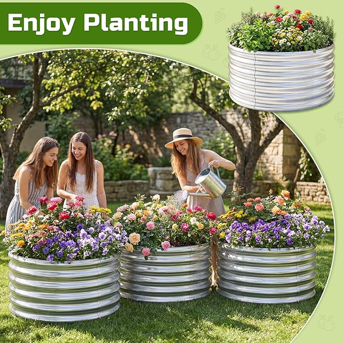 AHEONLAR 3PCS 2x2x2FT Galvanized Raised Garden Bed Kit Round Metal Flower Box Large Planter Raised Beds Outdoor Garden for PlantingFruitHerb Silver