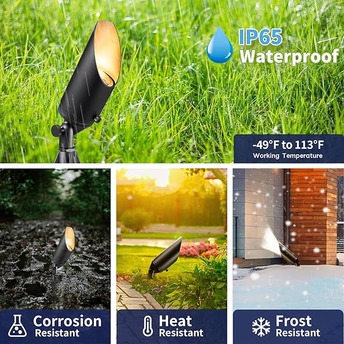 Low Voltage Brass Landscape Spotlights - Waterproof 12V LED Uplights for Garden Yard Tree House - 5W 2700K Warm White MR16 Bulb Outdoor Lighting (Black 02)