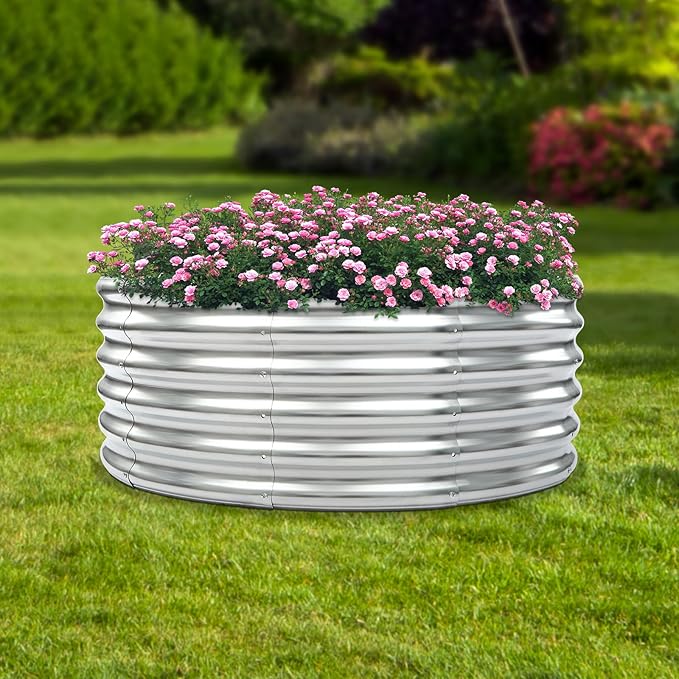 17 × 42 Inch Round Raised Garden Bed Outdoor Metal Flower Bed Patio Ground Planter Box Steel Patio Ground Planter (Silver)