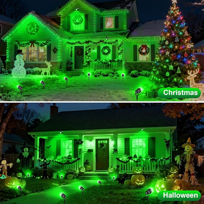 Green Spotlights Outdoor 14 LED Landscape Lighting with US Plug IP65 Waterproof Spot Lights for Tree Yard Garden Pathway Halloween Christmas St. Patrick's Day Decor 4 Pack