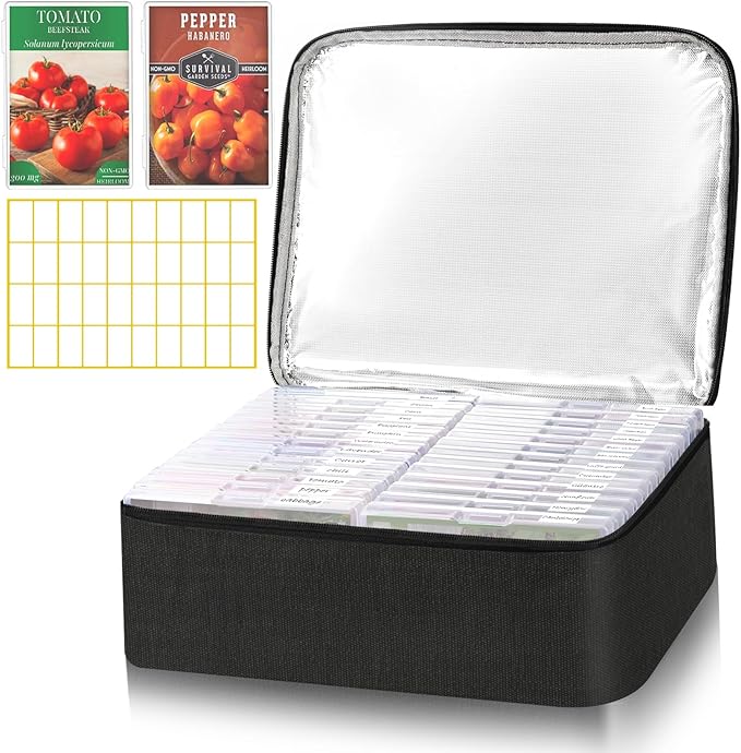 26 Slots Seed Storage Organizer Box with Insulated Bag That Holds 80-200 Seed Envelopes Oxford Cloth Garden Seed Containers with Labels Seed Packet Organizer for Plant Flower Vegetable Seeds