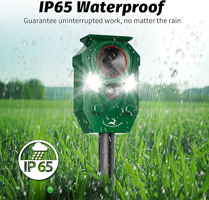 Solar-Powered Ultrasonic Animal Repellent with Motion Sensor Perfect for Outdoor Yards Deer Repellent Device with LED Flashing Lights Effective to Repel Deer Coyotes Raccoons and Cats