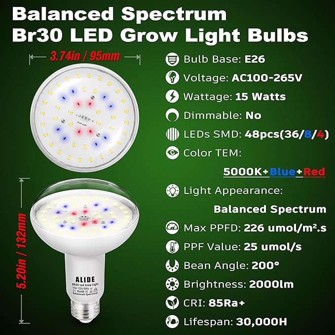 Full Spectrum BR30 Led Plant Grow Light Bulbs 15W 2000lmE26 BR30 Floodlight Sun Plant Growing Lamp200 Watt EquivalentBalanced Spectrum 5000K Red Blue for Seeds GreensIndore Garden Hydroponic2pcs