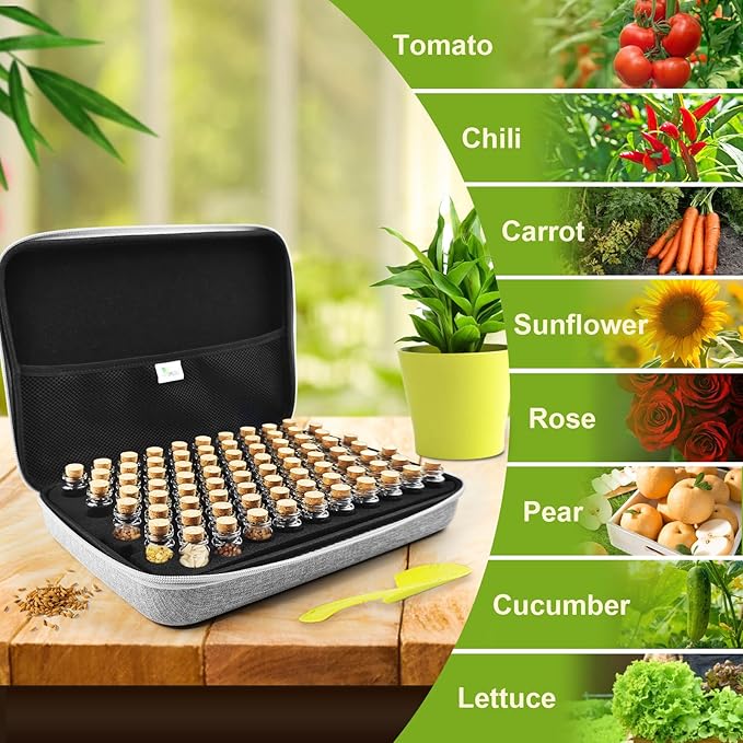 【80 Slots】 Seed Storage Organizer Sturdy Seed Organizer Storage Box with Dual Zipper Bag and 84Pcs Label Stickers Glass Seed Storage Container for Flower Vegetable Plants Garden Seeds Saving