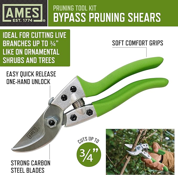 AMES 20213344 4-pc. Pruning Tools Kit with Bypass &amp Anvil Pruners Garden Snips Grass Shears &amp Canvas Case