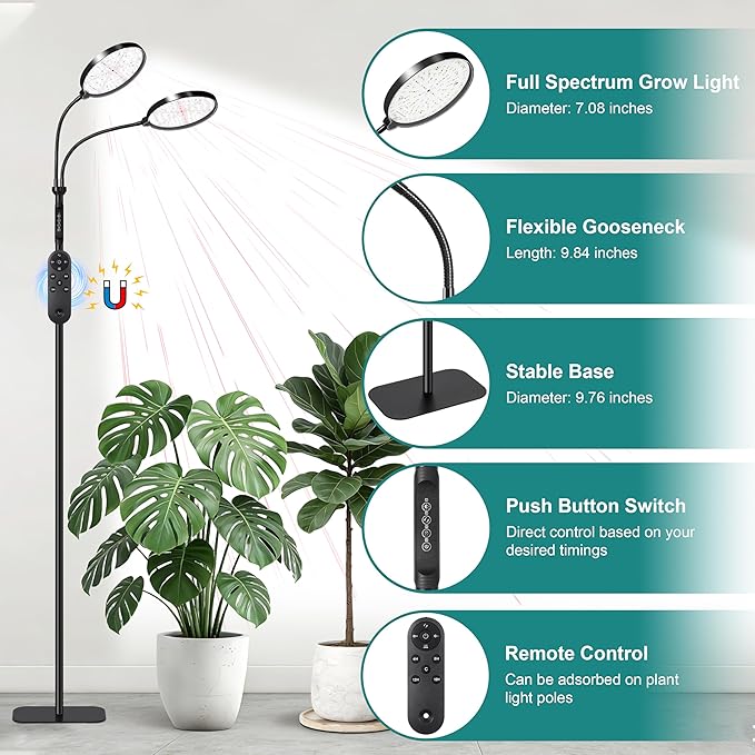 Dual Head Grow Light for Indoor Plants Full Spectrum Floor Standing Plant Light Remote Control &amp 4/8/12/18H Timer 3 Modes 10 Dimmable Levels Stable Base for Tall Plants Succulents Herbs Black