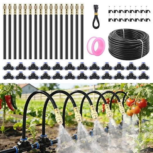 Automatic Drip Irrigation Kits - Garden Watering System with 360° Bendable Spray Adjustable Copper Atomizing Nozzles for Yard Lawn Raised Bed Greenhouse Potted Plants (24 Nozzles 100FT Hose)