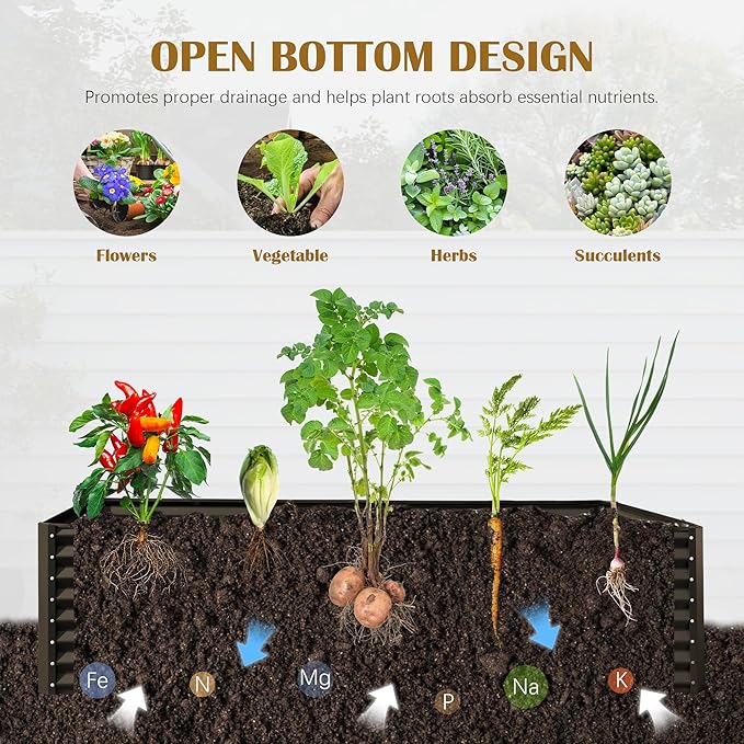 Domi 8x4x2ft Metal Raised Garden Beds Outdoor Thickened Galvanized Steel Deep Root Planter Box with Stabilizing Bars &amp Rubber Edging for Vegetables Flowers Herbs - Brown