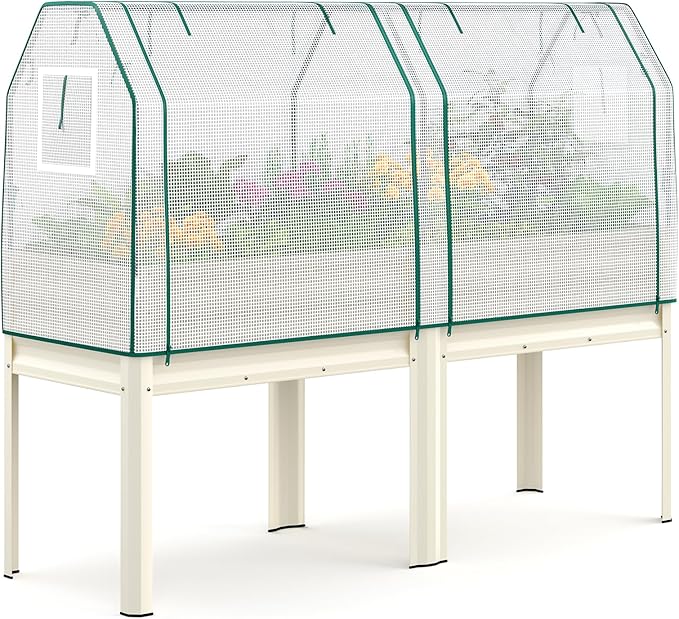 KING BIRD Large Raised Garden Bed with Cover Galvanized Elevated Planter Box with Legs 72×23×55 in for Backyard Patio Balcony 700lb Capacity Beige