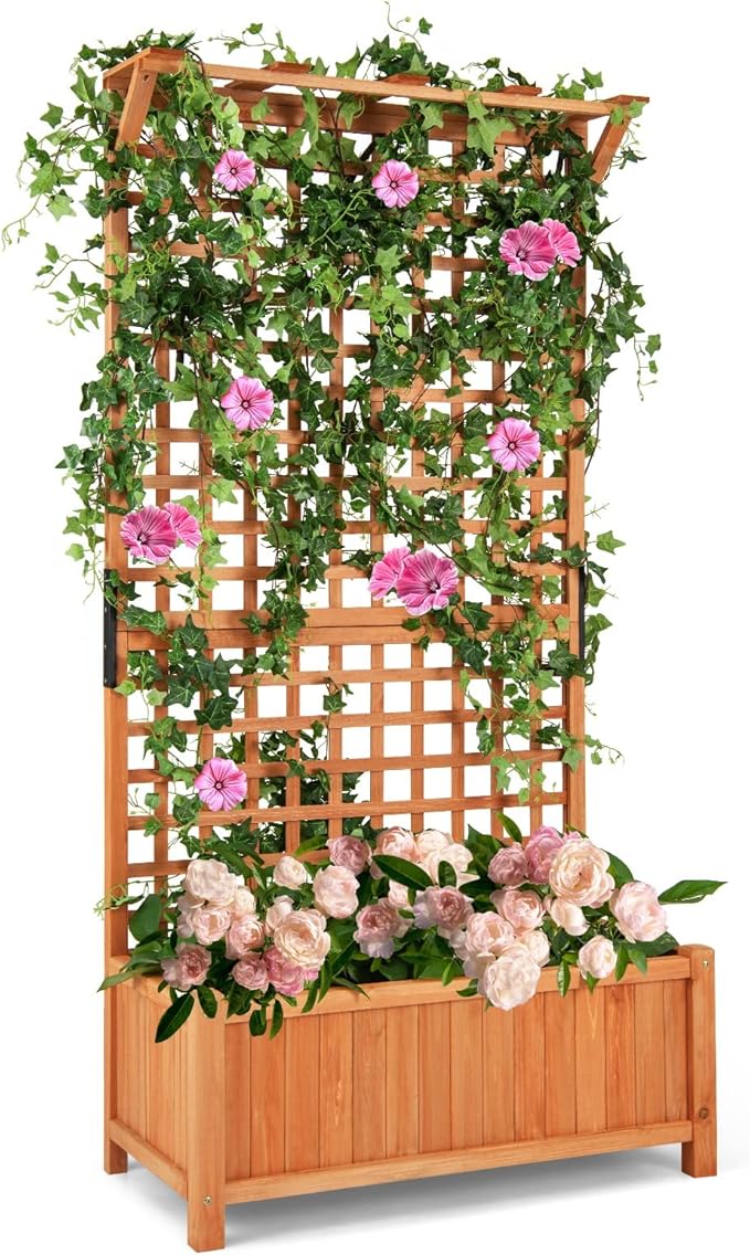 S AFSTAR Raised Garden Bed with Trellis Wood Elevated Planter Box with Hanging Roof &amp Climbing Trellis 4 Drainage Holes 72.5 Tall Freestanding Planter Container for Vine Climbing Plants Flower