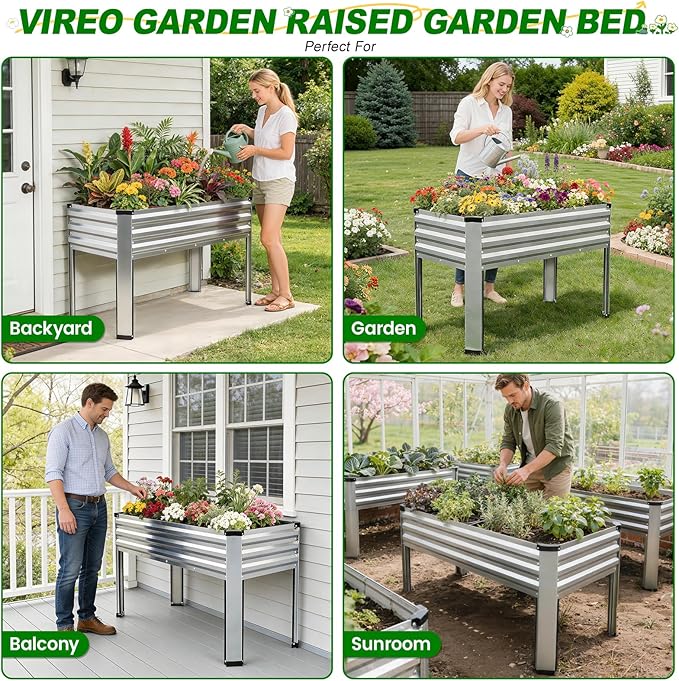 Galvanized Raised Garden Bed with Legs 48x24x32in Elevated Raised Garden Bed Outdoor with Drainage Holes Planter Boxes for Gardening Vegetable Flower Fruit in Backyard Patio Balcony (Silver)