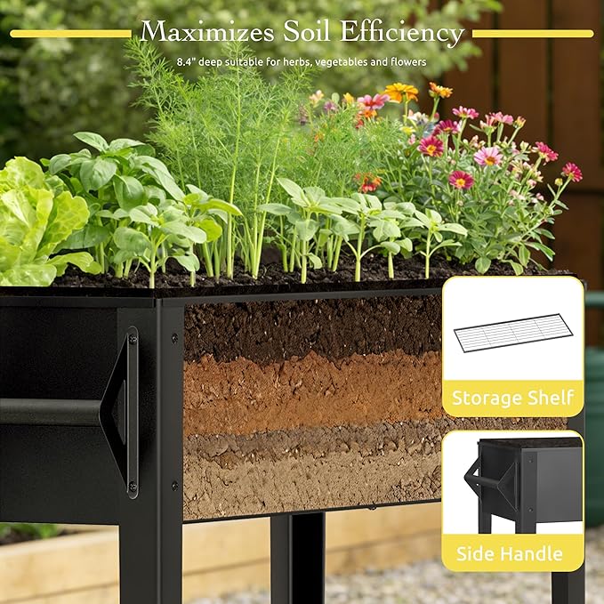 Elevated Raised Garden Bed 31.5 Tall 1mm Thick Metal Planter Box with Grow Bag Legs Storage Shelf for Gardening 700lbs Capacity Rolling Outdoor Cart on Wheels for Vegetable Flower Herb