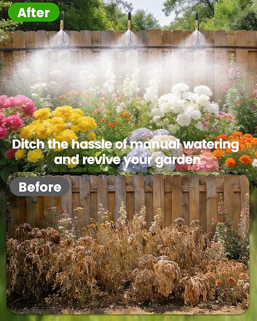 120FT Drip Irrigation System for Garden with 18 Nozzles –360° Adjustable Misting Nozzles Quick-Connect Design Ideal for Raised Beds Lawns Greenhouses &amp Outdoor Cooling