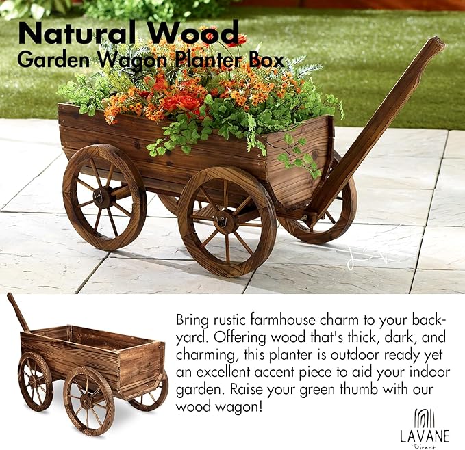 Wood Wagon Movable Planter Box LA VANE Wooden Rustic Garden Flower Pot Stand DIY Rolling Cart Wheelbarrow Raised Bed with Wheels &amp Drainage Hole for Indoor Outdoor Décor Patio Balcony Backyard