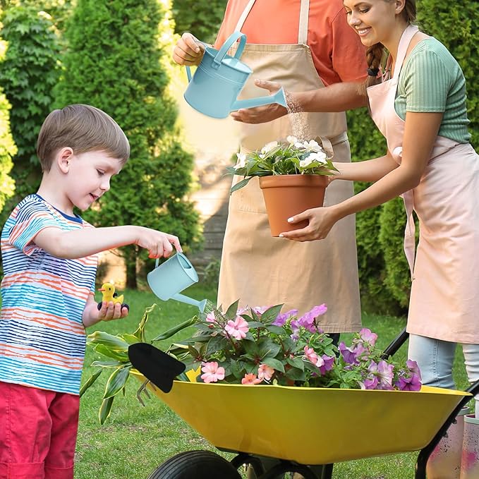 Small Metal Watering Can Set Pink 1.2L and 0.23L Garden Cans with Long Spout Indoor Outdoor Plant Care (Green Blue)
