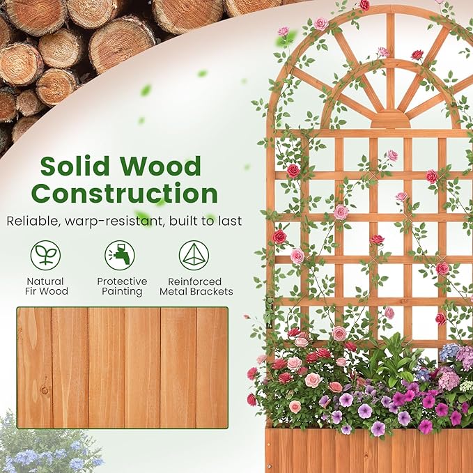 Giantex Wooden Raised Garden Bed with Arched Trellis 71” Fir Wood Outdoor Elevated Planter Box Privacy Screen with Drainage Holes Vertical Garden Bed for Climbing Plants Patio Balcony Backyard